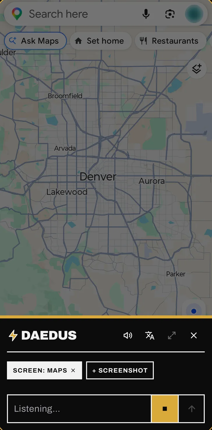Daedus panel open over Google Maps